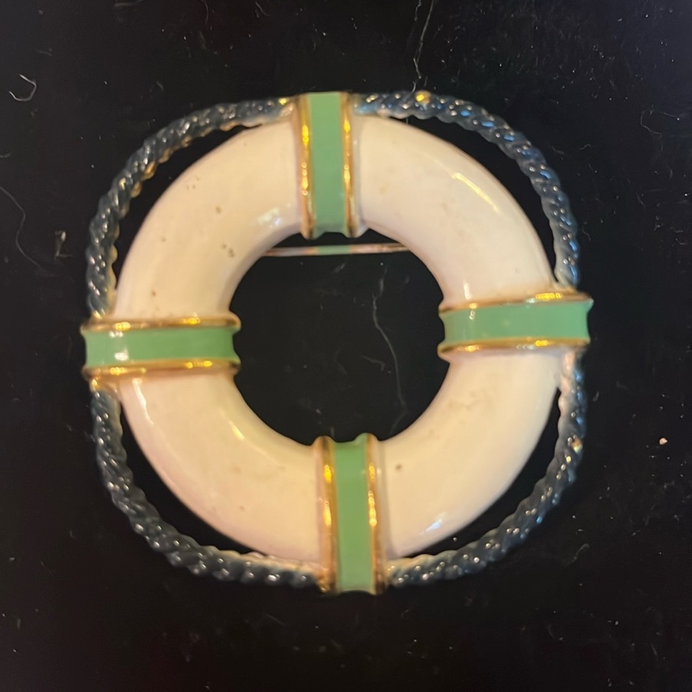 Vintage Goldtone White Blue Green Enamel Life Preserver Ring Nautical Brooch Pin